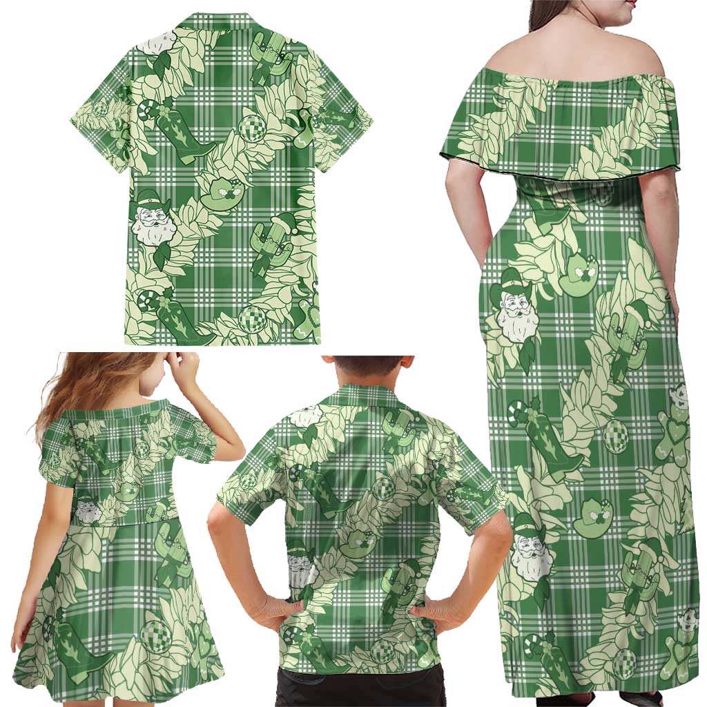 Green Palaka Hawaii Cowboy Christmas Family Matching Off Shoulder Maxi Dress and Hawaiian Shirt Paniolo Mix Maile Lei LT7 - Polynesian Pride