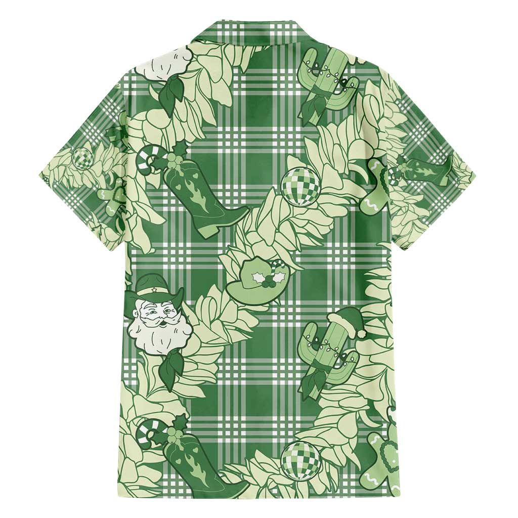 Green Palaka Hawaii Cowboy Christmas Family Matching Off Shoulder Maxi Dress and Hawaiian Shirt Paniolo Mix Maile Lei LT7 - Polynesian Pride