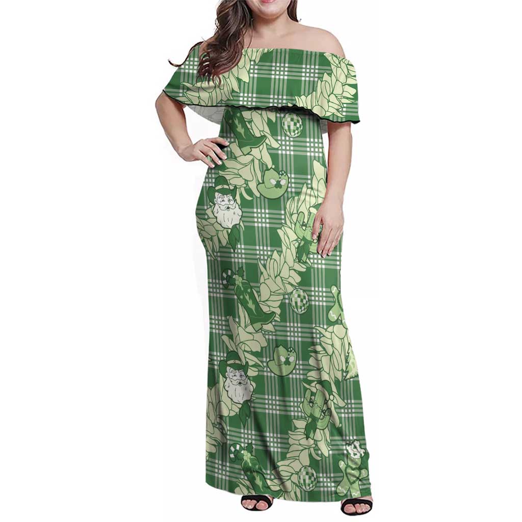 Green Palaka Hawaii Cowboy Christmas Family Matching Off Shoulder Maxi Dress and Hawaiian Shirt Paniolo Mix Maile Lei LT7 Mom's Dress Green - Polynesian Pride