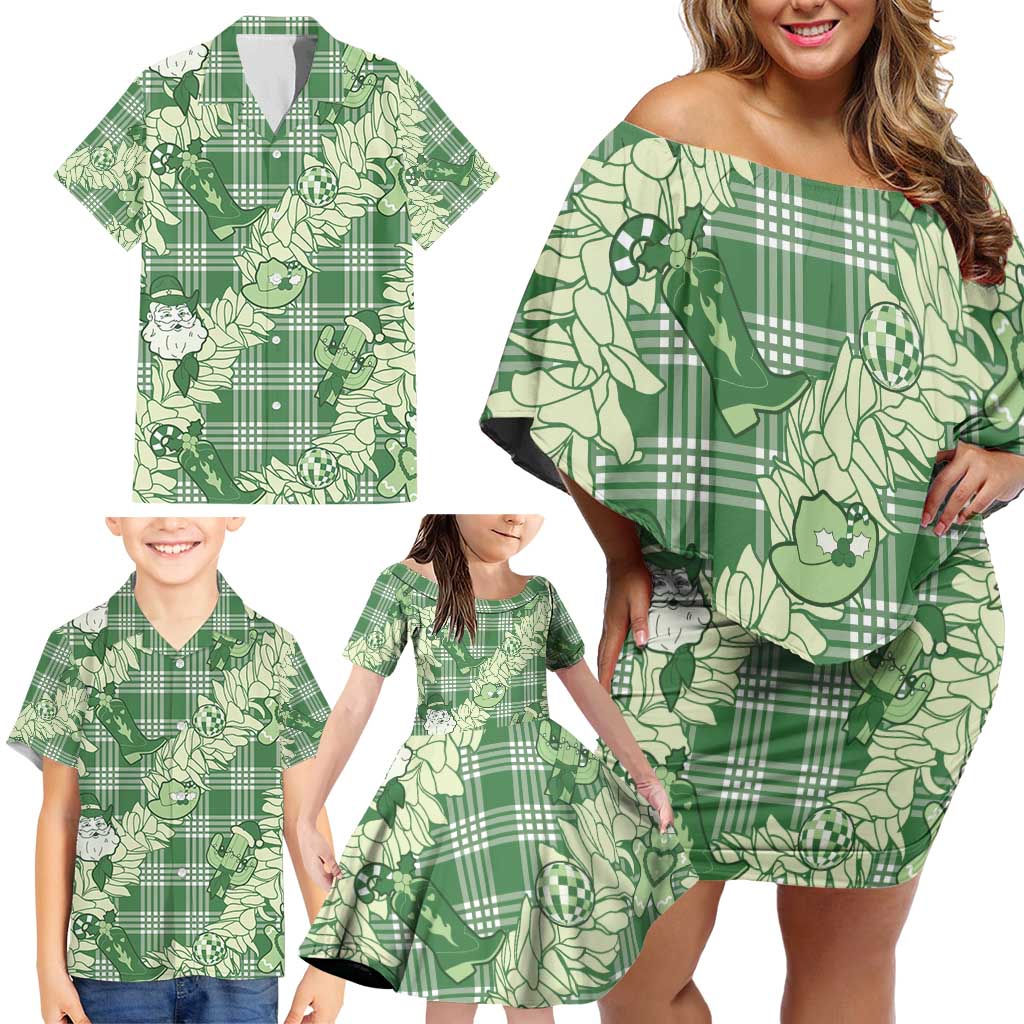 Green Palaka Hawaii Cowboy Christmas Family Matching Off Shoulder Short Dress and Hawaiian Shirt Paniolo Mix Maile Lei LT7 - Polynesian Pride