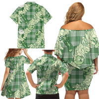 Green Palaka Hawaii Cowboy Christmas Family Matching Off Shoulder Short Dress and Hawaiian Shirt Paniolo Mix Maile Lei LT7 - Polynesian Pride