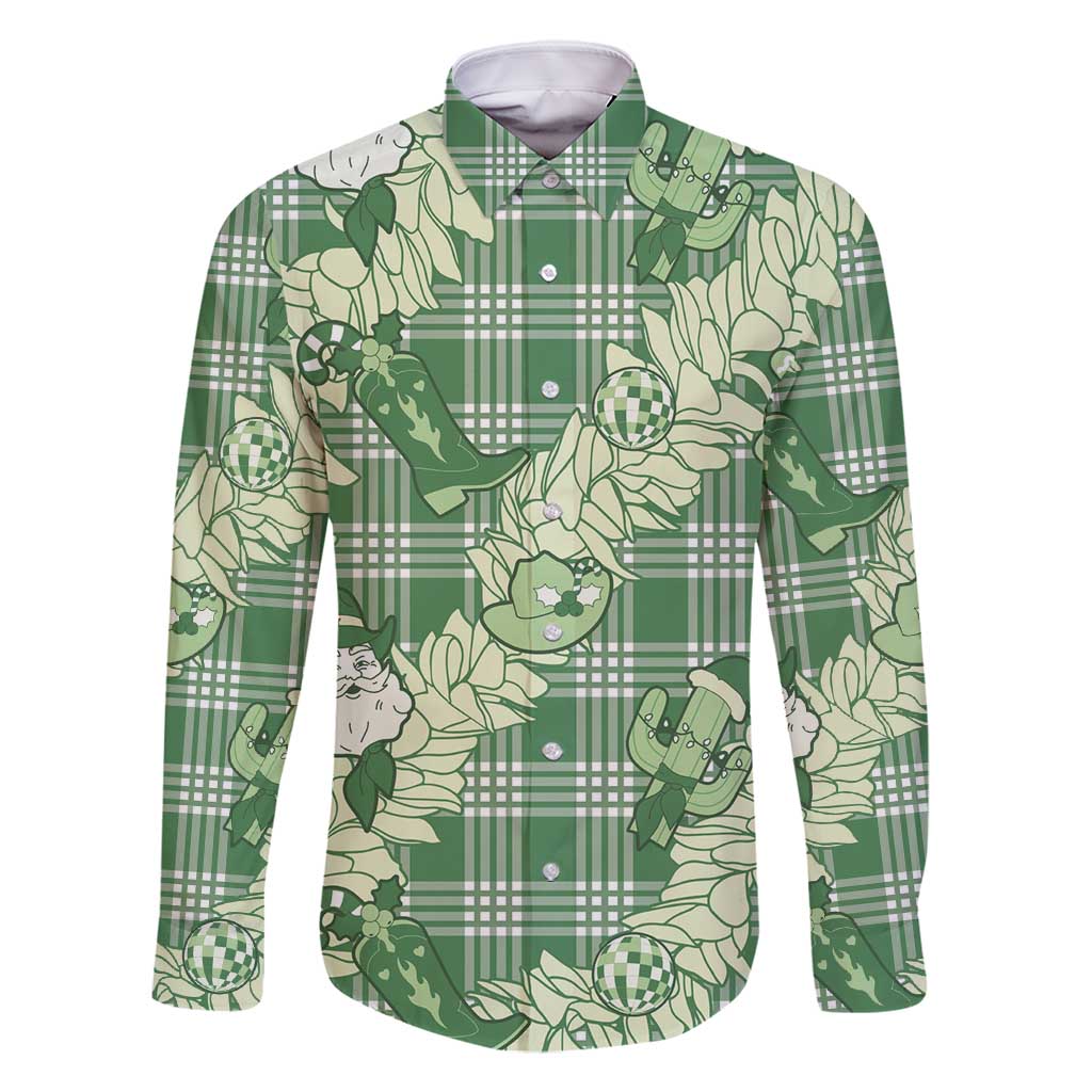 Green Palaka Hawaii Cowboy Christmas Family Matching Off Shoulder Short Dress and Hawaiian Shirt Paniolo Mix Maile Lei LT7 Dad's Shirt - Long Sleeve Green - Polynesian Pride
