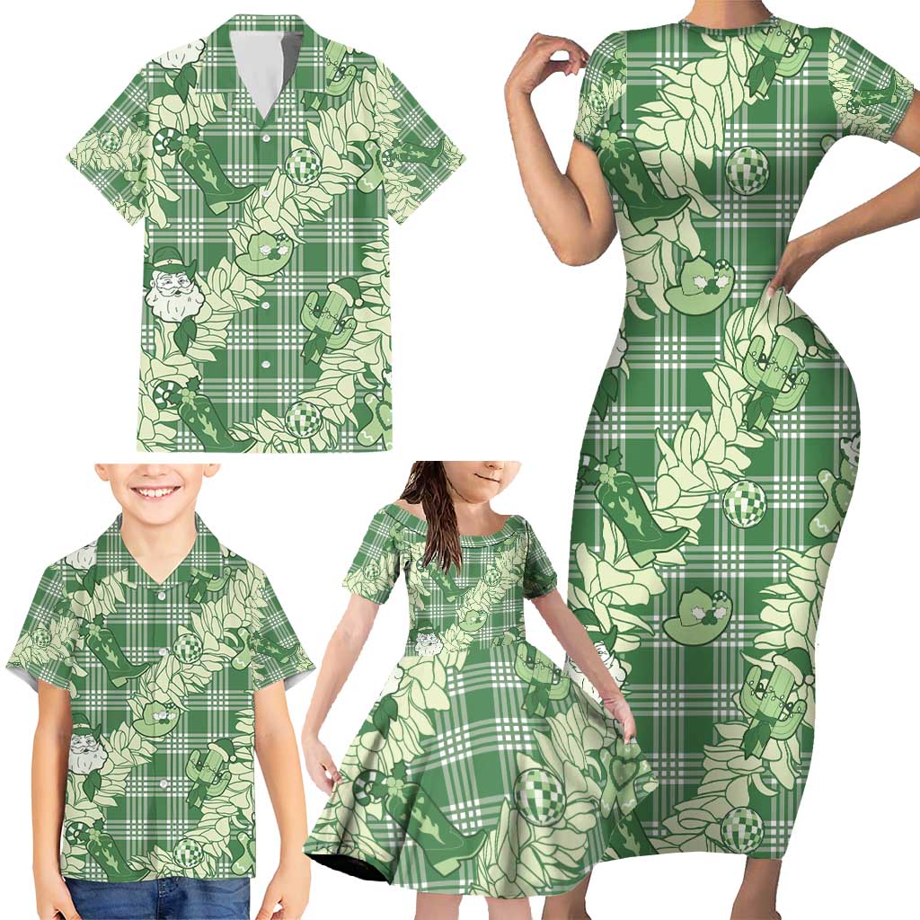 Green Palaka Hawaii Cowboy Christmas Family Matching Short Sleeve Bodycon Dress and Hawaiian Shirt Paniolo Mix Maile Lei LT7 - Polynesian Pride
