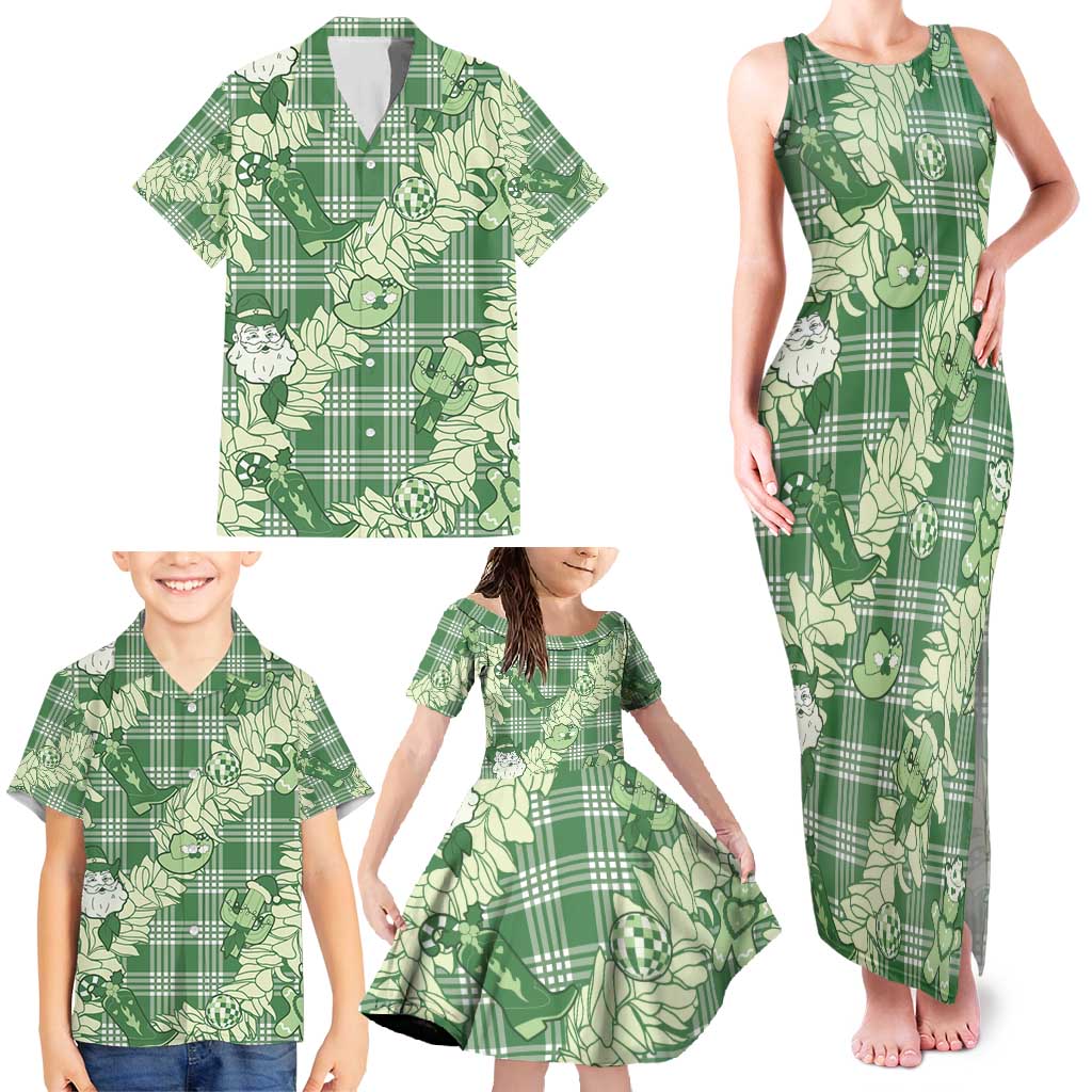 Green Palaka Hawaii Cowboy Christmas Family Matching Tank Maxi Dress and Hawaiian Shirt Paniolo Mix Maile Lei LT7 - Polynesian Pride