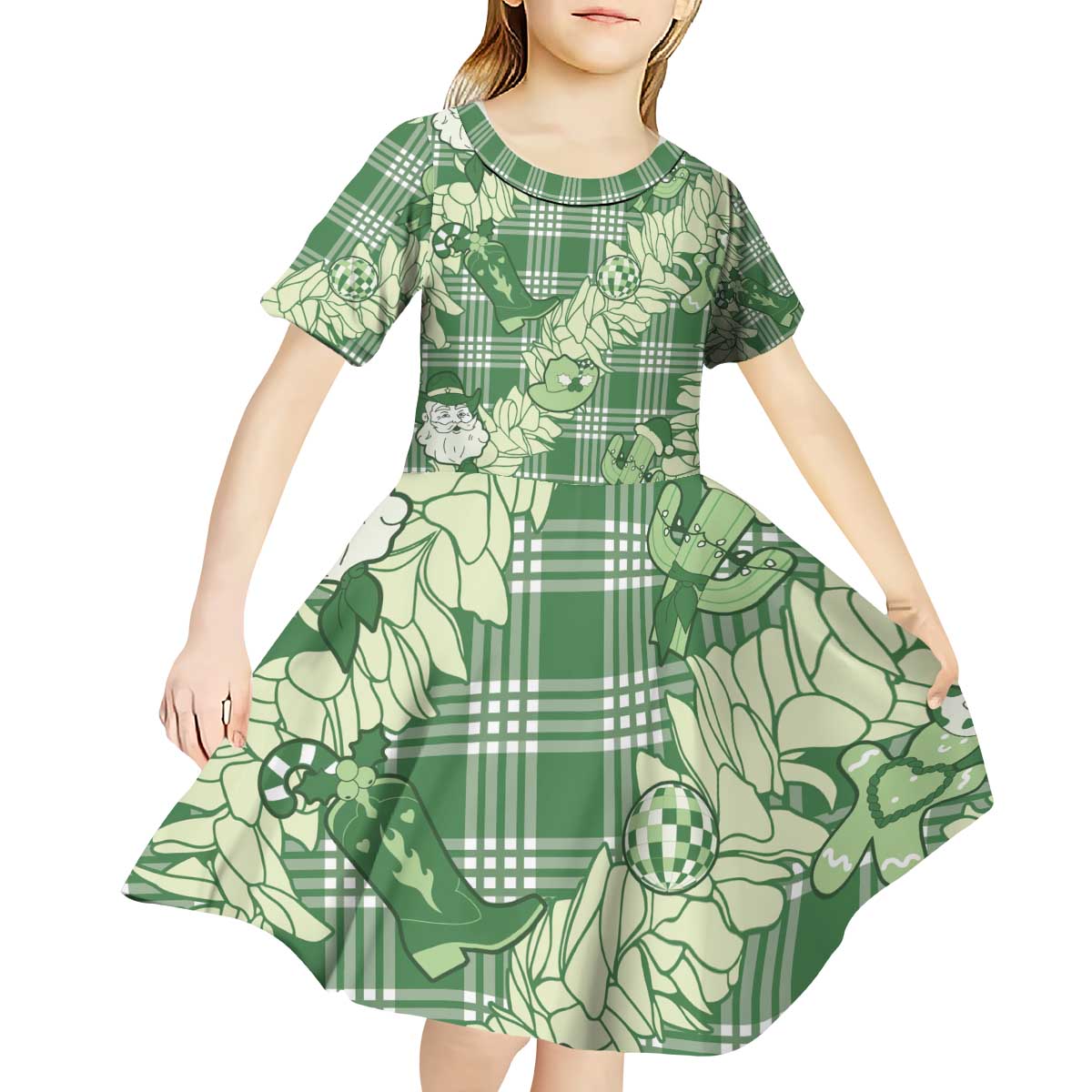 Green Palaka Hawaii Cowboy Christmas Kid Short Sleeve Dress Paniolo Mix Maile Lei LT7 - Polynesian Pride
