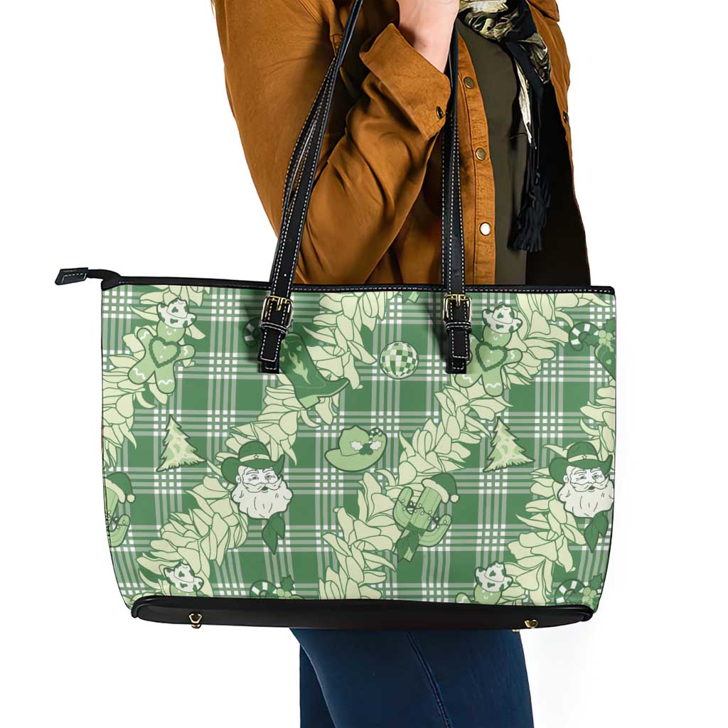 Green Palaka Hawaii Cowboy Christmas Leather Tote Bag Paniolo Mix Maile Lei - Polynesian Pride