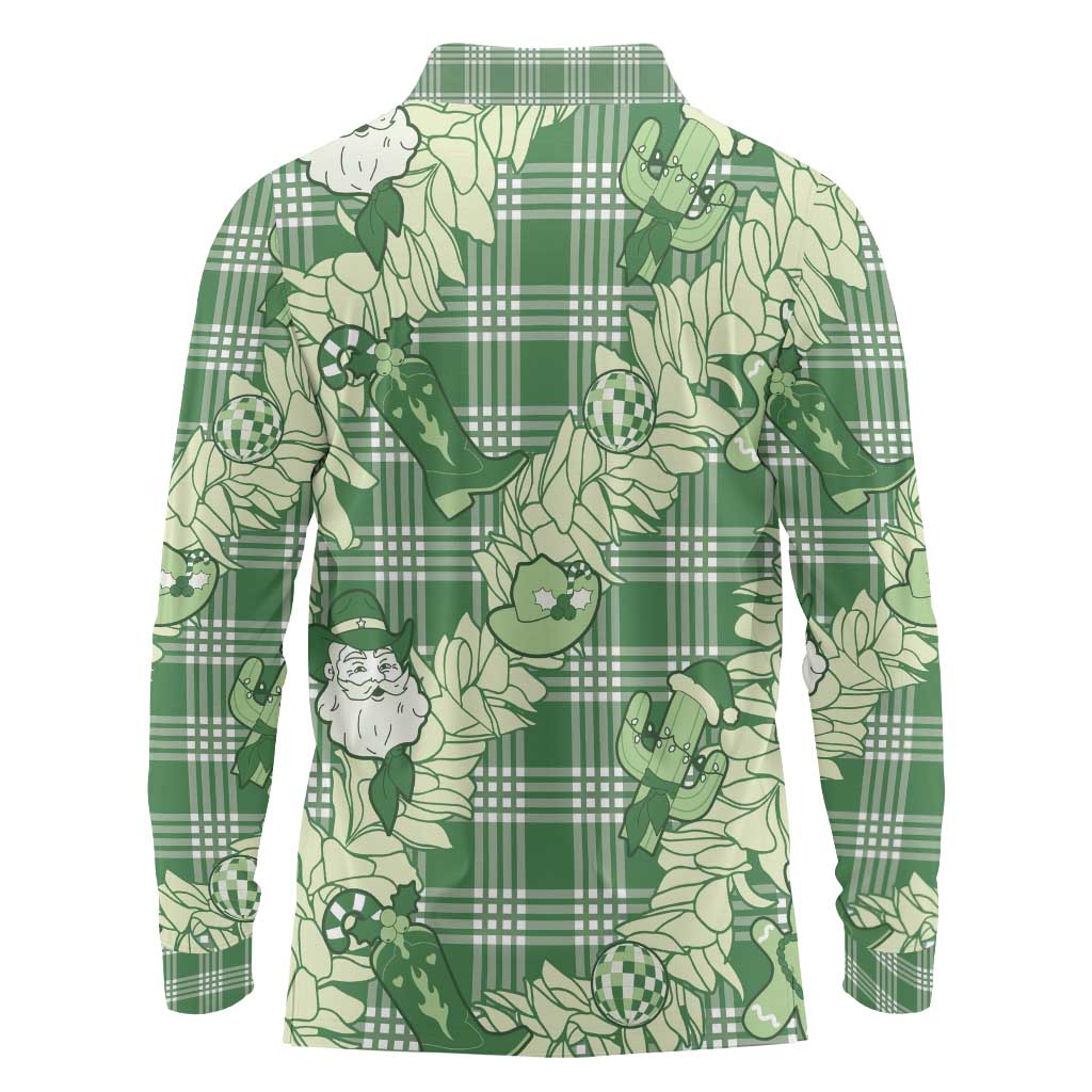 Green Palaka Hawaii Cowboy Christmas Long Sleeve Polo Shirt Paniolo Mix Maile Lei LT7 - Polynesian Pride