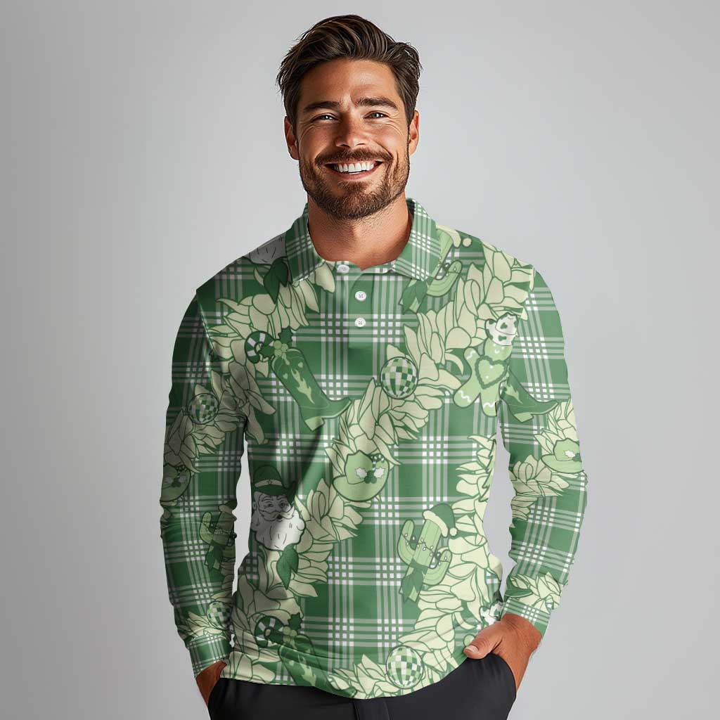Green Palaka Hawaii Cowboy Christmas Long Sleeve Polo Shirt Paniolo Mix Maile Lei LT7 - Polynesian Pride