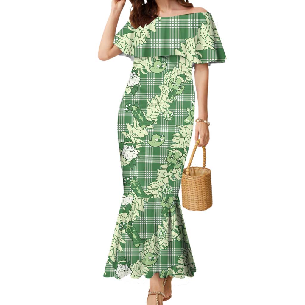 Green Palaka Hawaii Cowboy Christmas Mermaid Dress Paniolo Mix Maile Lei LT7 Women Green - Polynesian Pride