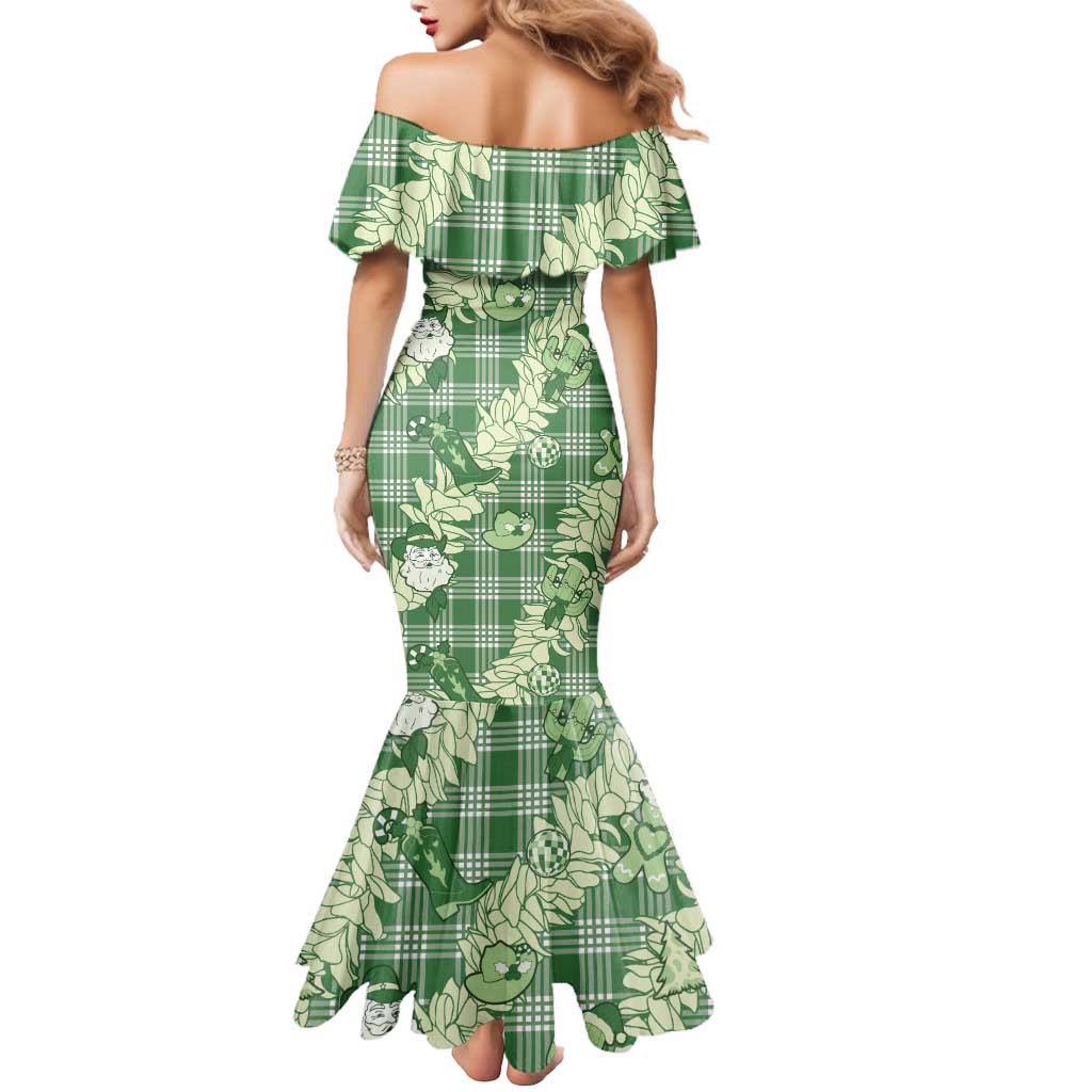 Green Palaka Hawaii Cowboy Christmas Mermaid Dress Paniolo Mix Maile Lei LT7 - Polynesian Pride