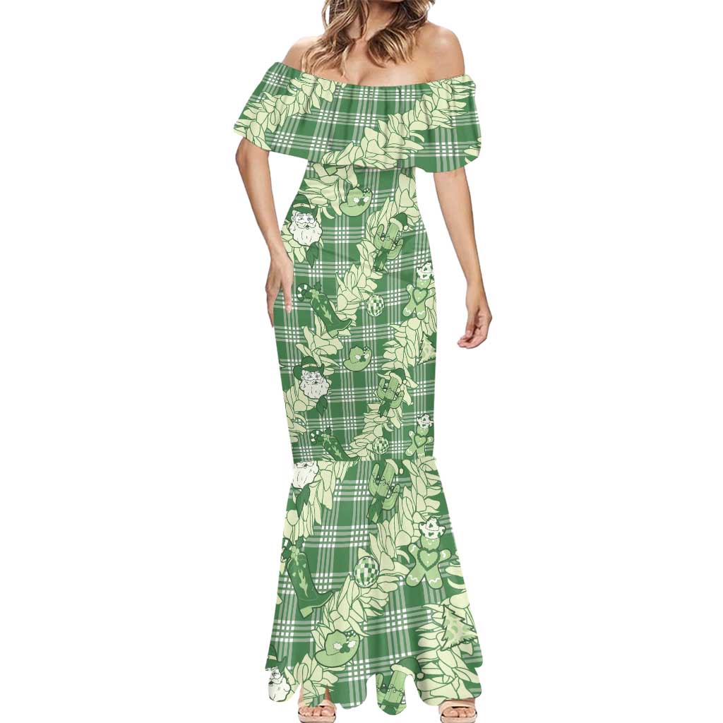 Green Palaka Hawaii Cowboy Christmas Mermaid Dress Paniolo Mix Maile Lei LT7 - Polynesian Pride