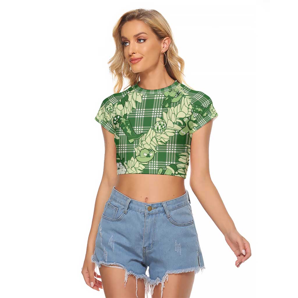 Green Palaka Hawaii Cowboy Christmas Raglan Cropped T Shirt Paniolo Mix Maile Lei LT7 Female Green - Polynesian Pride