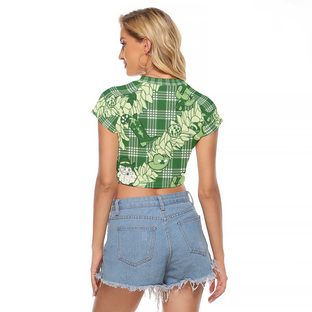 Green Palaka Hawaii Cowboy Christmas Raglan Cropped T Shirt Paniolo Mix Maile Lei LT7 - Polynesian Pride