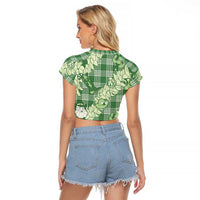 Green Palaka Hawaii Cowboy Christmas Raglan Cropped T Shirt Paniolo Mix Maile Lei LT7 - Polynesian Pride