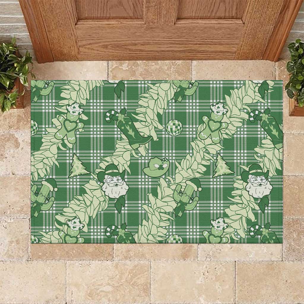 Green Palaka Hawaii Cowboy Christmas Rubber Doormat Paniolo Mix Maile Lei LT7 Green - Polynesian Pride