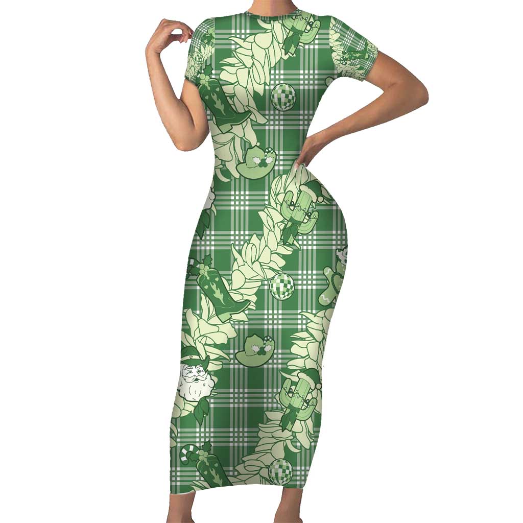 Green Palaka Hawaii Cowboy Christmas Short Sleeve Bodycon Dress Paniolo Mix Maile Lei LT7 Long Dress Green - Polynesian Pride