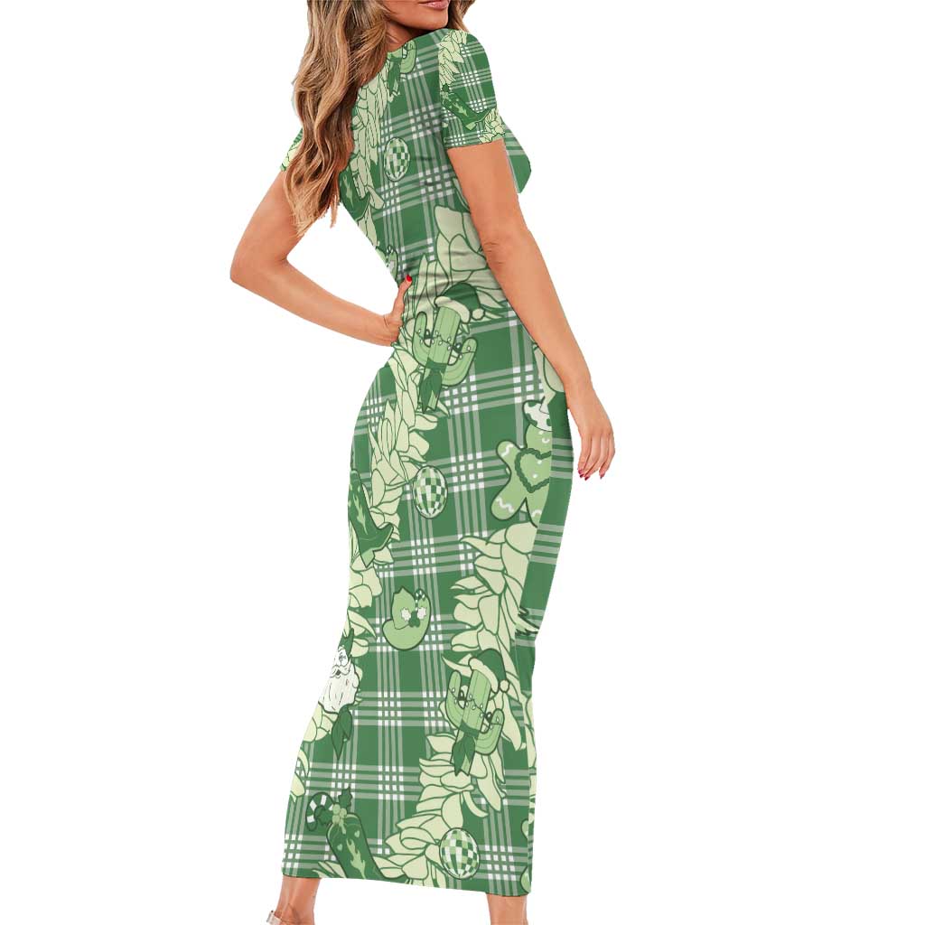 Green Palaka Hawaii Cowboy Christmas Short Sleeve Bodycon Dress Paniolo Mix Maile Lei LT7 - Polynesian Pride