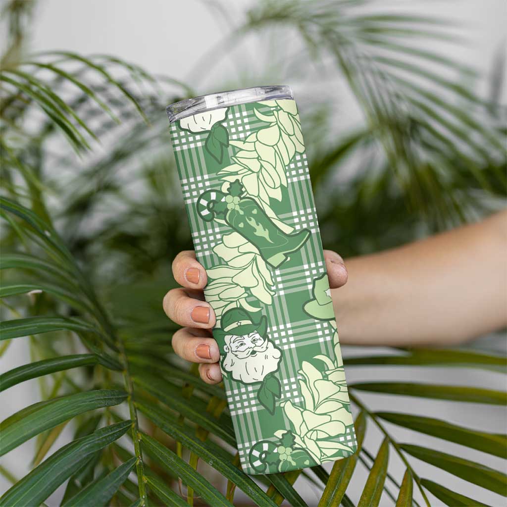 Green Palaka Hawaii Cowboy Christmas Skinny Tumbler Paniolo Mix Maile Lei LT7 - Polynesian Pride