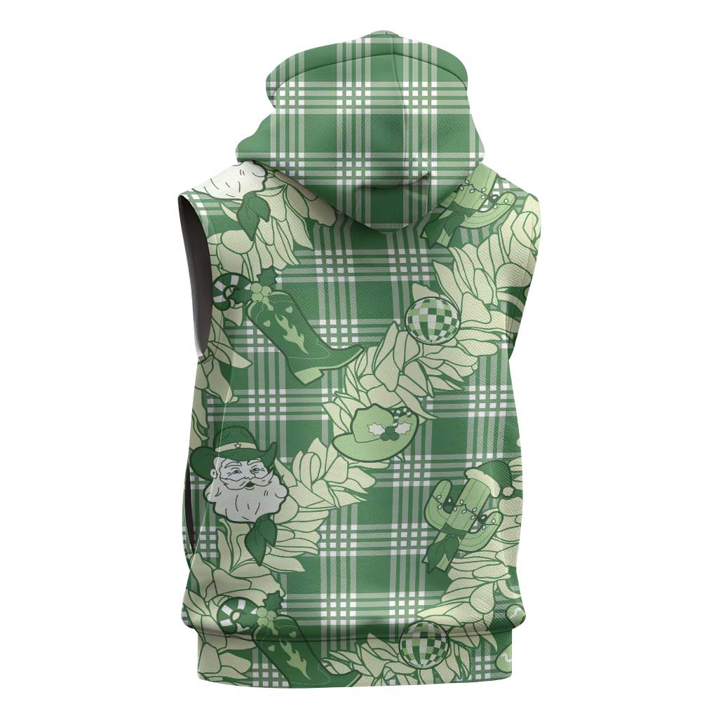 Green Palaka Hawaii Cowboy Christmas Sleeveless Hoodie Paniolo Mix Maile Lei LT7 - Polynesian Pride