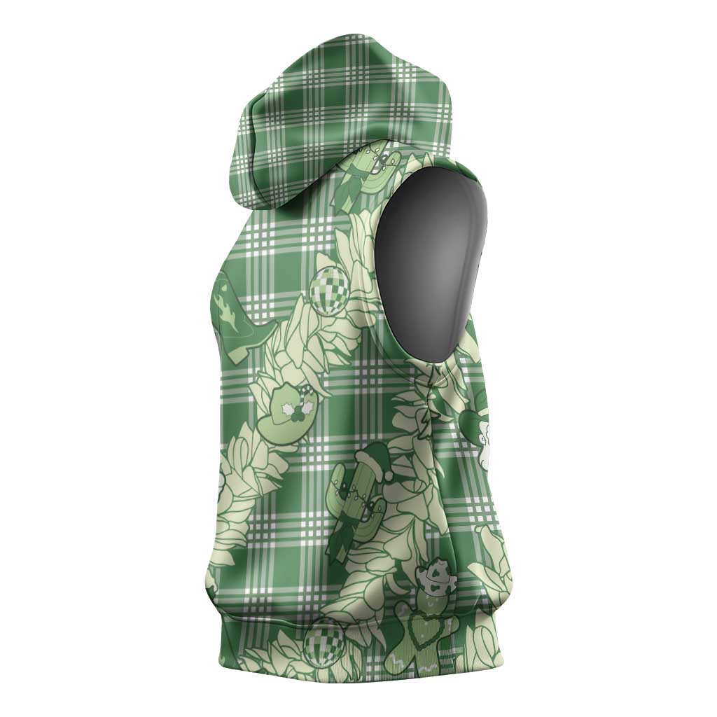 Green Palaka Hawaii Cowboy Christmas Sleeveless Hoodie Paniolo Mix Maile Lei LT7 - Polynesian Pride