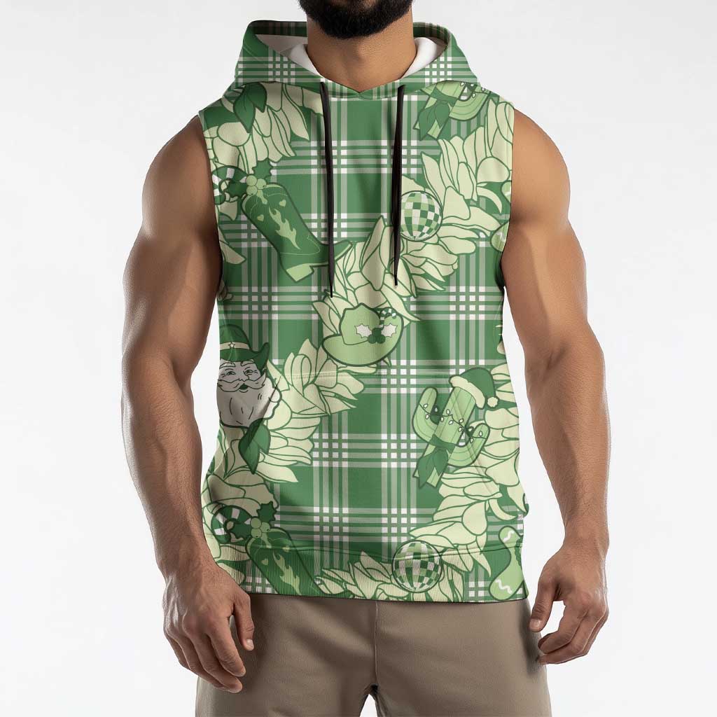 Green Palaka Hawaii Cowboy Christmas Sleeveless Hoodie Paniolo Mix Maile Lei LT7 - Polynesian Pride