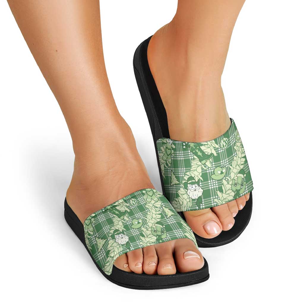 Green Palaka Hawaii Cowboy Christmas Slide Sandals Paniolo Mix Maile Lei - Polynesian Pride
