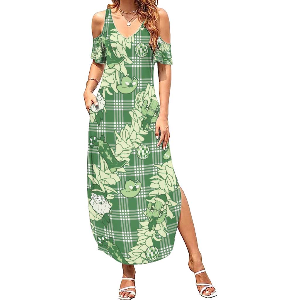 Green Palaka Hawaii Cowboy Christmas Summer Maxi Dress Paniolo Mix Maile Lei - Polynesian Pride
