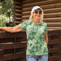 Green Palaka Hawaii Cowboy Christmas Women Polo Shirt Paniolo Mix Maile Lei - Polynesian Pride