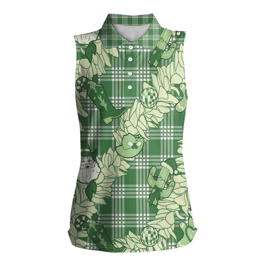 Green Palaka Hawaii Cowboy Christmas Women Sleeveless Polo Shirt Paniolo Mix Maile Lei LT7 Female Green - Polynesian Pride