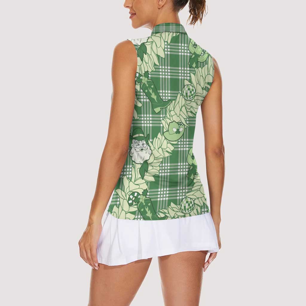 Green Palaka Hawaii Cowboy Christmas Women Sleeveless Polo Shirt Paniolo Mix Maile Lei LT7 - Polynesian Pride
