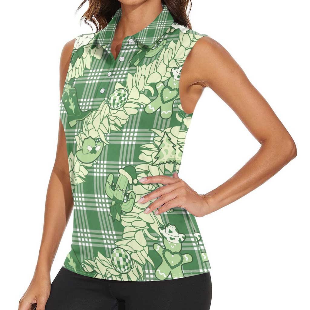 Green Palaka Hawaii Cowboy Christmas Women Sleeveless Polo Shirt Paniolo Mix Maile Lei LT7 - Polynesian Pride