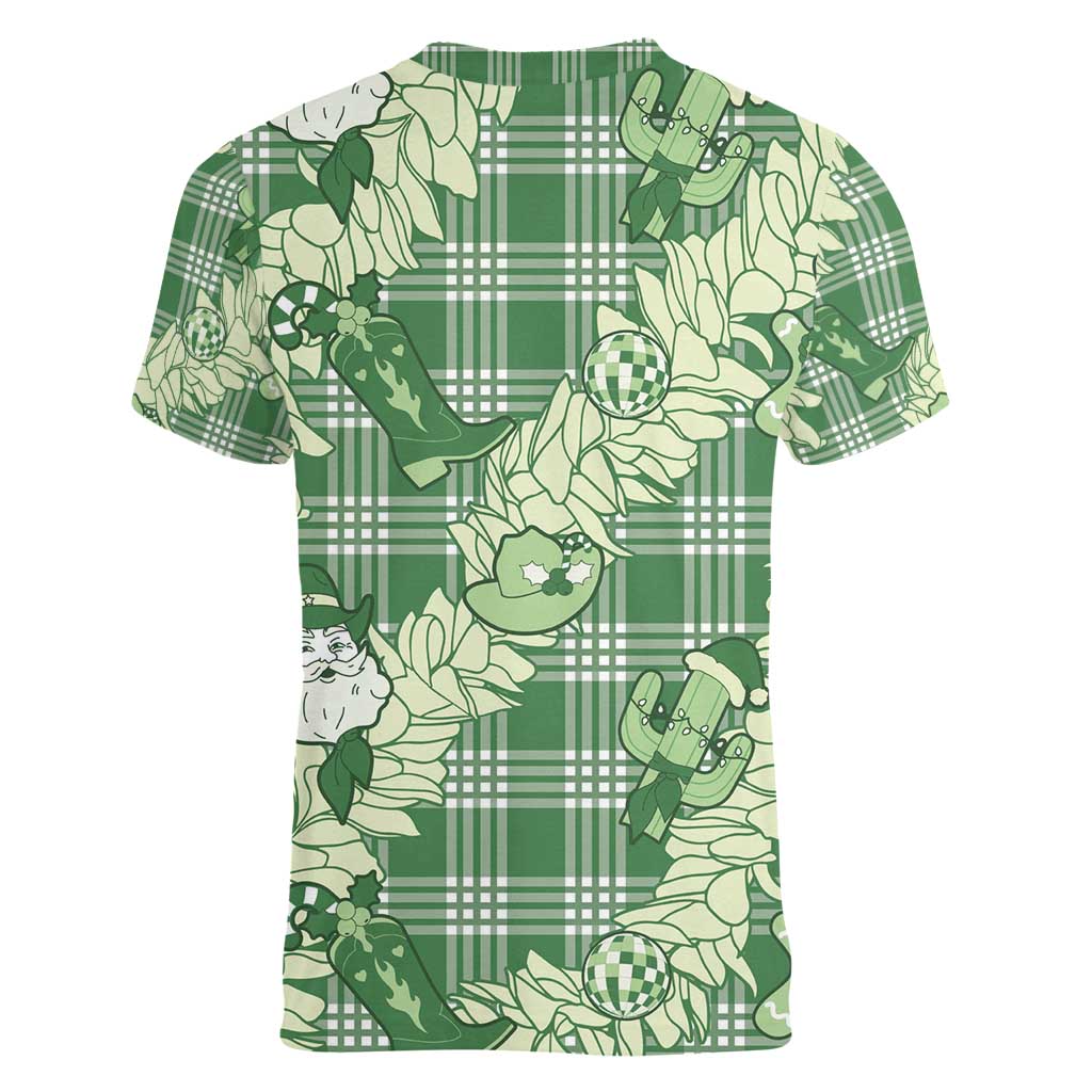 Green Palaka Hawaii Cowboy Christmas Women V-Neck T-Shirt Paniolo Mix Maile Lei LT7 - Polynesian Pride