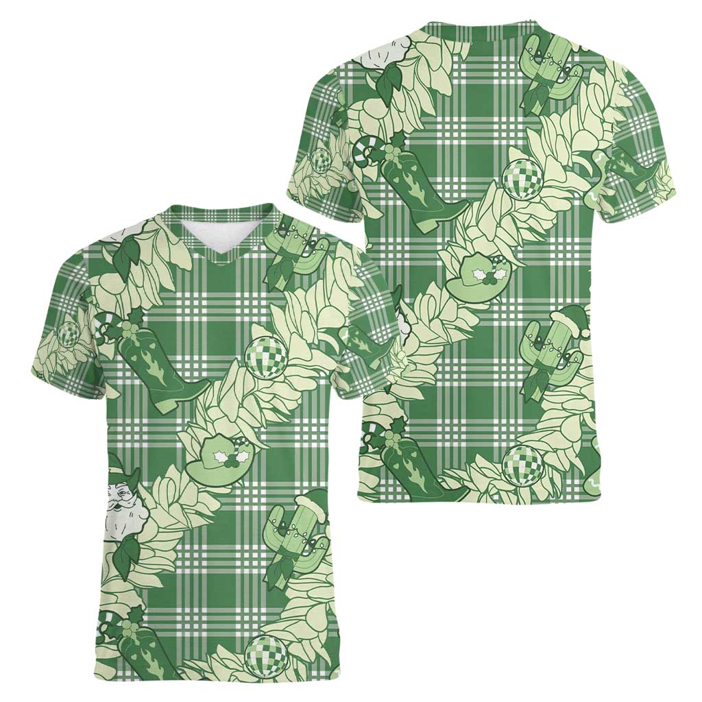 Green Palaka Hawaii Cowboy Christmas Women V-Neck T-Shirt Paniolo Mix Maile Lei LT7 - Polynesian Pride
