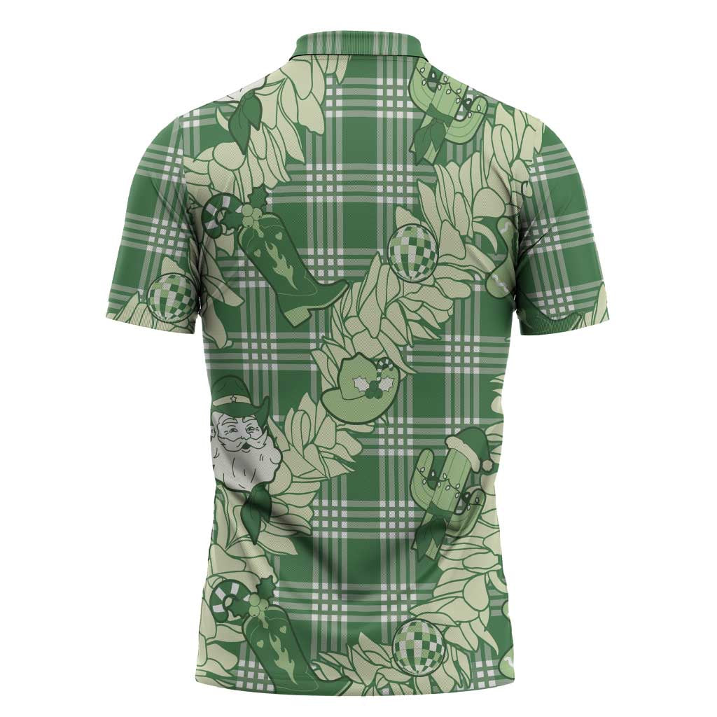 Green Palaka Hawaii Cowboy Christmas Zipper Polo Shirt Paniolo Mix Maile Lei LT7 - Polynesian Pride