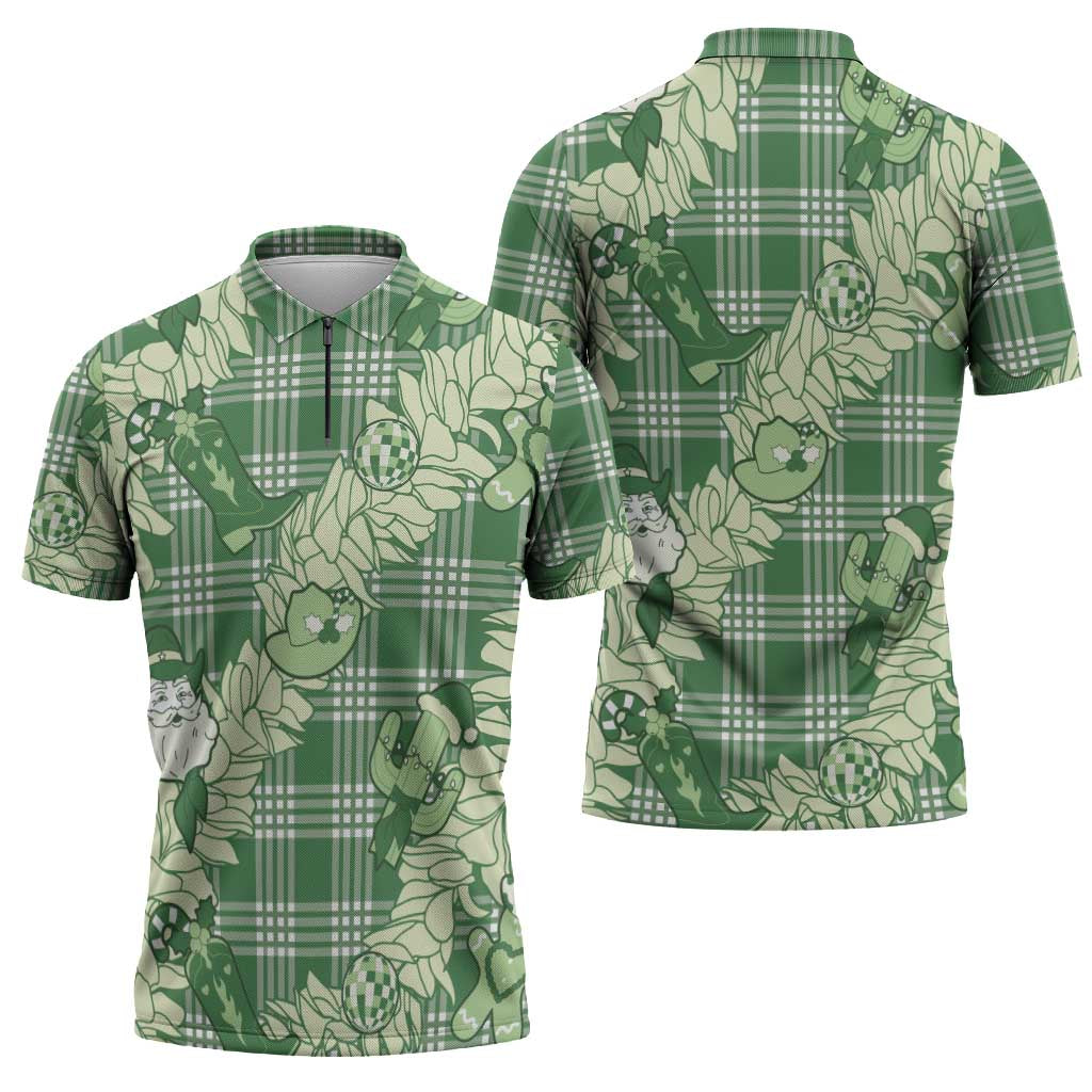 Green Palaka Hawaii Cowboy Christmas Zipper Polo Shirt Paniolo Mix Maile Lei LT7 - Polynesian Pride