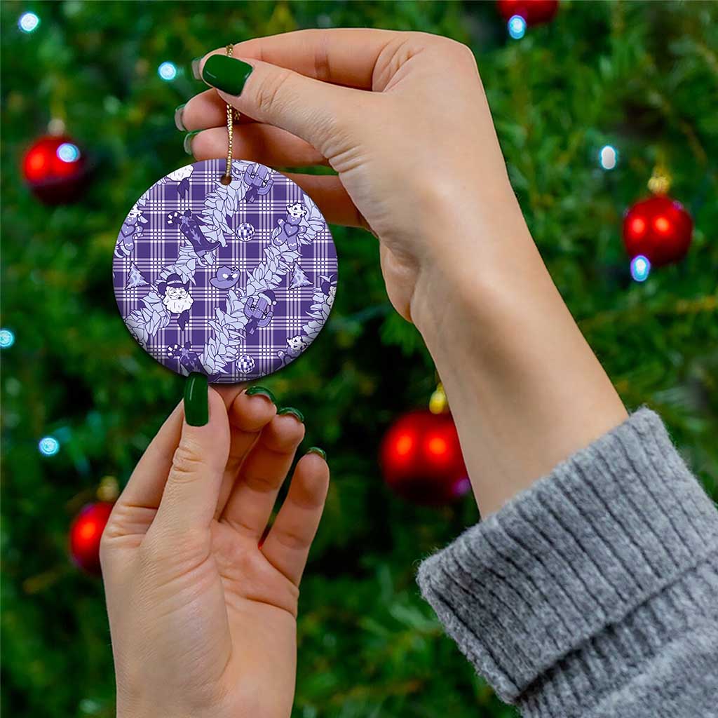 Purple Palaka Hawaii Cowboy Christmas Ceramic Ornament Paniolo Mix Maile Lei - Polynesian Pride