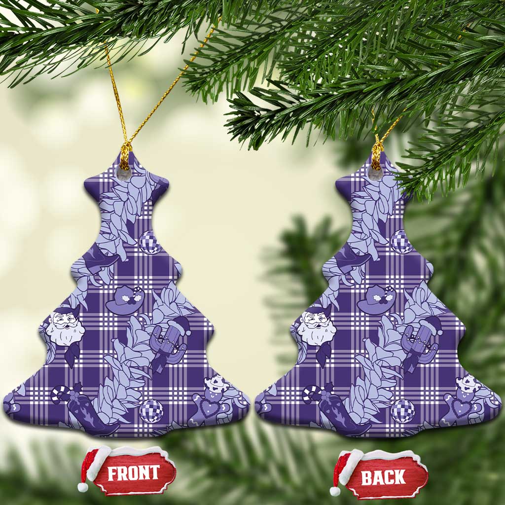 Purple Palaka Hawaii Cowboy Christmas Ceramic Ornament Paniolo Mix Maile Lei - Polynesian Pride