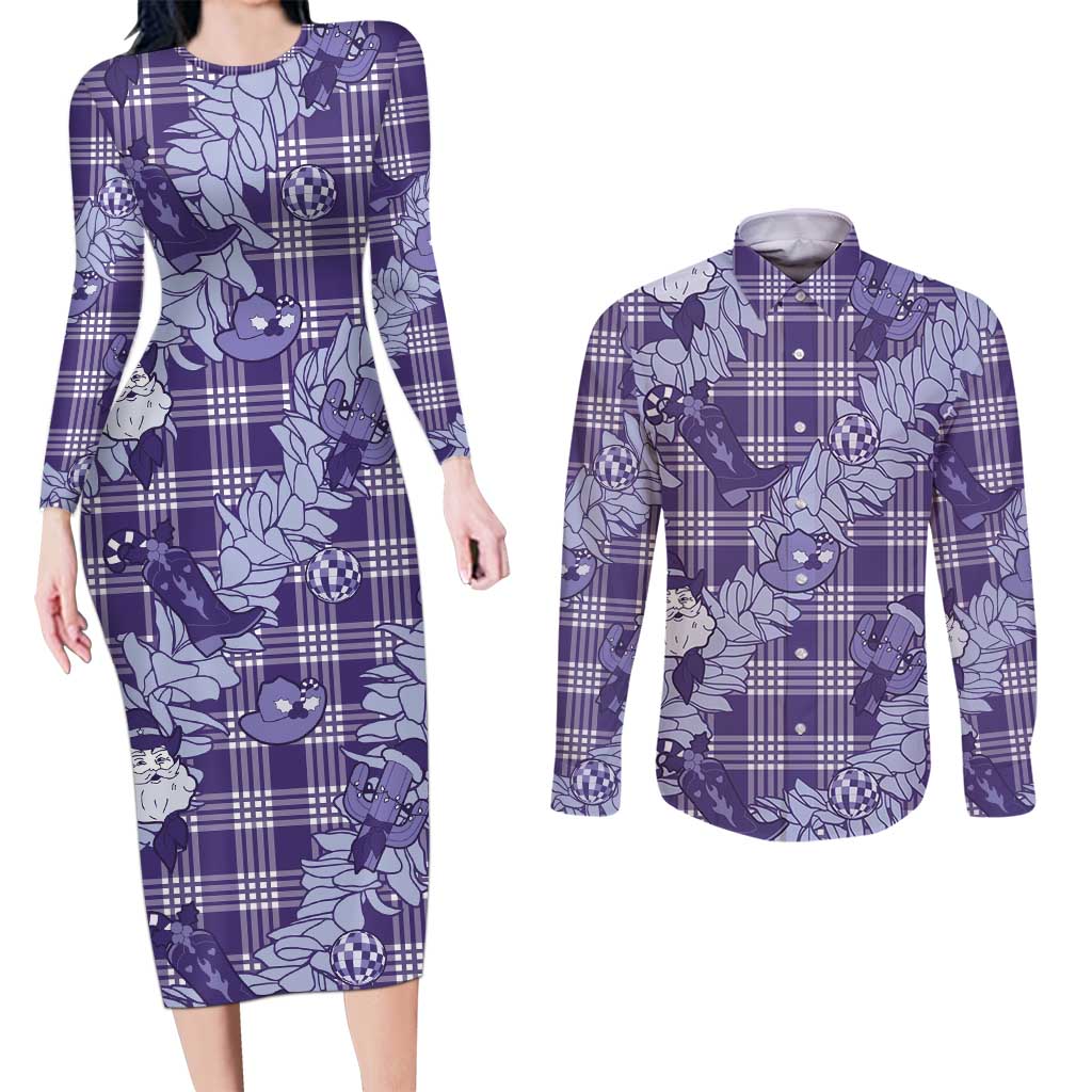 Purple Palaka Hawaii Cowboy Christmas Couples Matching Long Sleeve Bodycon Dress and Long Sleeve Button Shirt Paniolo Mix Maile Lei LT7 Purple - Polynesian Pride
