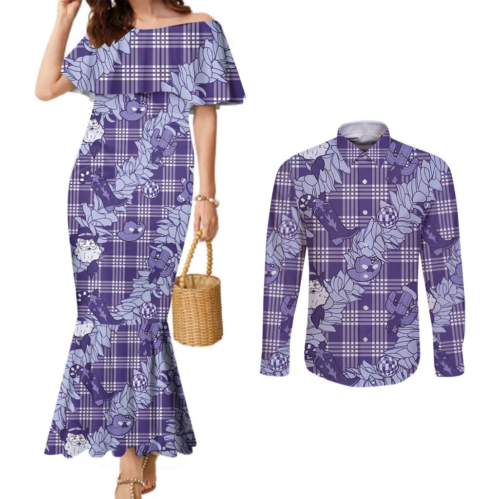 Purple Palaka Hawaii Cowboy Christmas Couples Matching Mermaid Dress and Long Sleeve Button Shirt Paniolo Mix Maile Lei LT7 Purple - Polynesian Pride