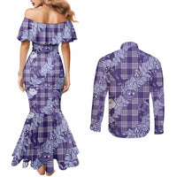 Purple Palaka Hawaii Cowboy Christmas Couples Matching Mermaid Dress and Long Sleeve Button Shirt Paniolo Mix Maile Lei LT7 - Polynesian Pride