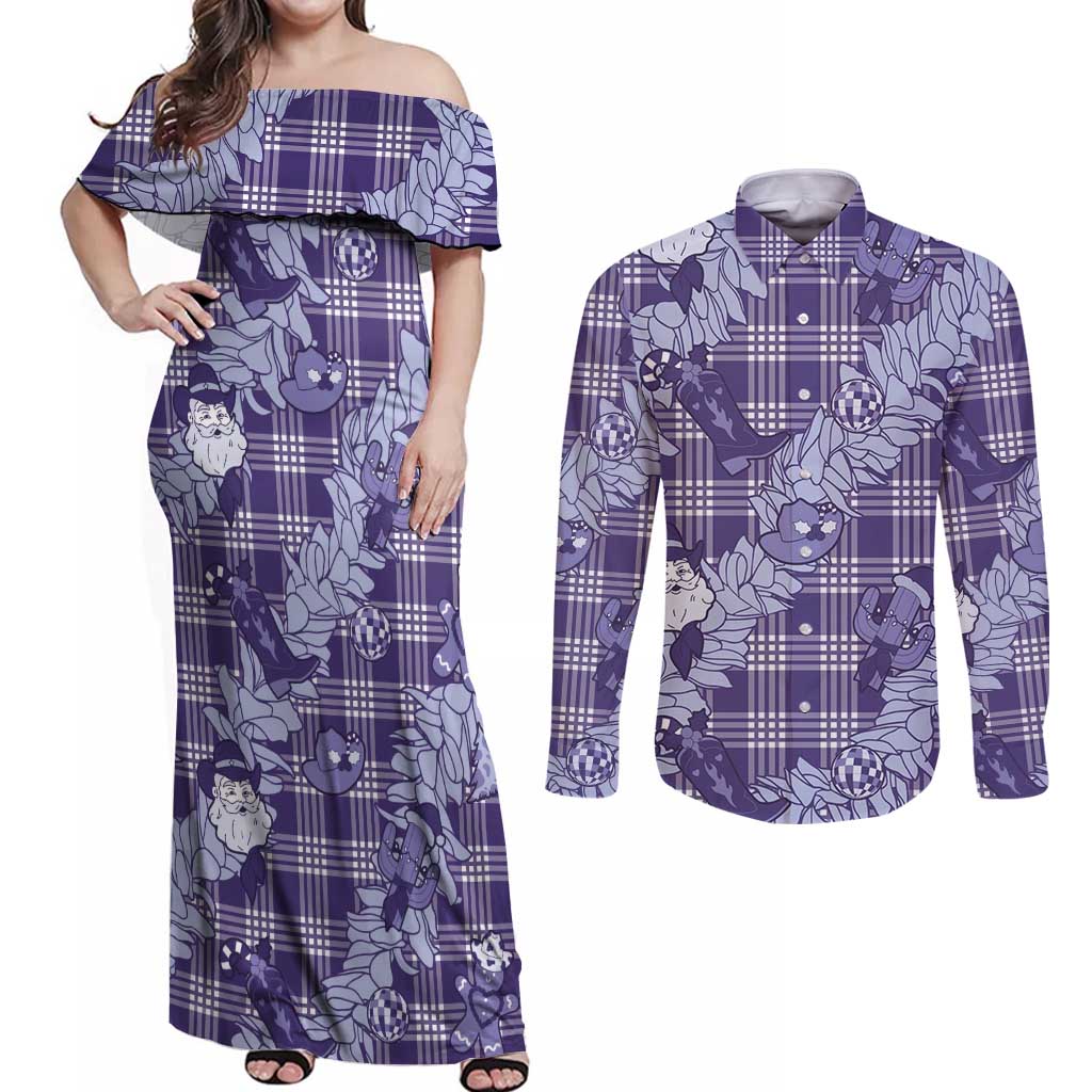 Purple Palaka Hawaii Cowboy Christmas Couples Matching Off Shoulder Maxi Dress and Long Sleeve Button Shirt Paniolo Mix Maile Lei LT7 Purple - Polynesian Pride