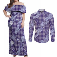 Purple Palaka Hawaii Cowboy Christmas Couples Matching Off Shoulder Maxi Dress and Long Sleeve Button Shirt Paniolo Mix Maile Lei LT7 Purple - Polynesian Pride