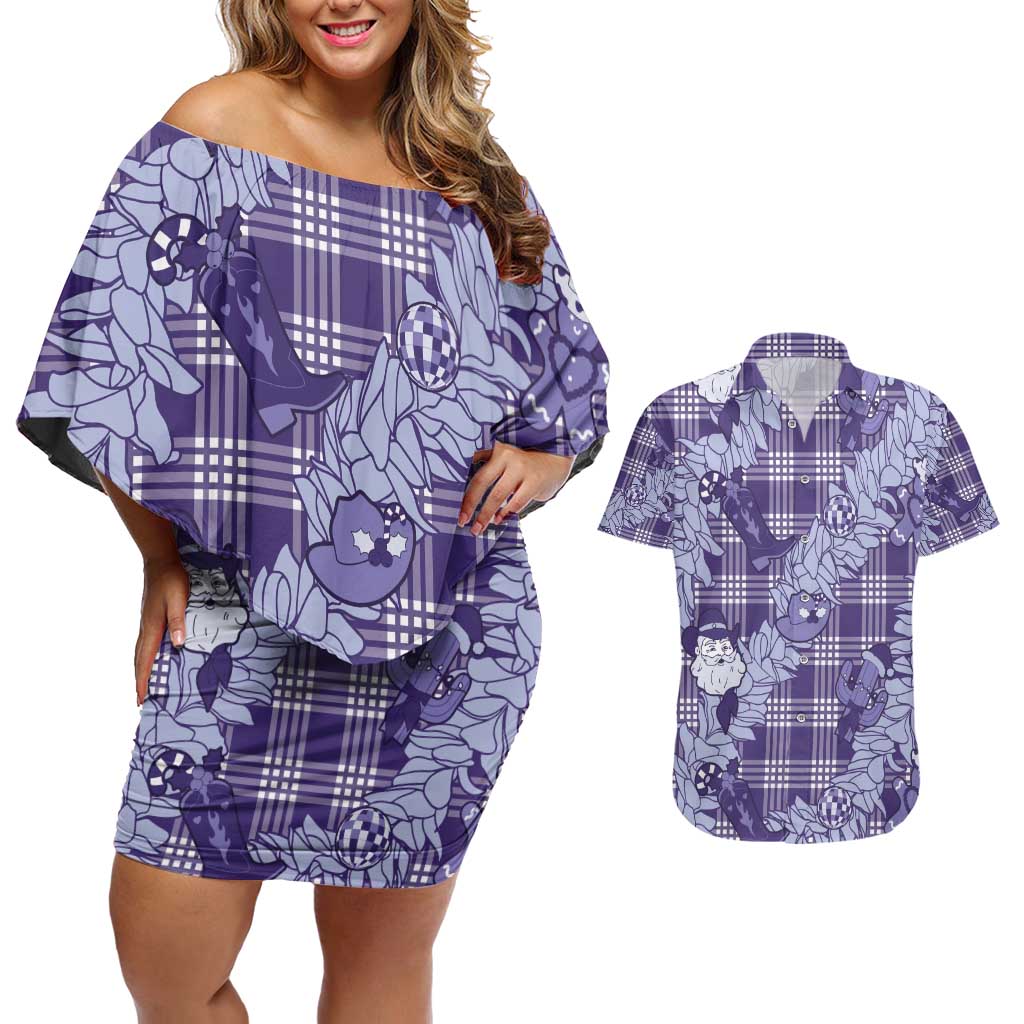 Purple Palaka Hawaii Cowboy Christmas Couples Matching Off Shoulder Short Dress and Hawaiian Shirt Paniolo Mix Maile Lei LT7 Purple - Polynesian Pride