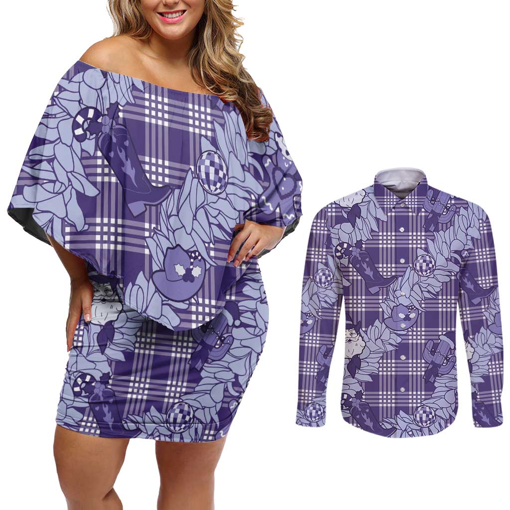 Purple Palaka Hawaii Cowboy Christmas Couples Matching Off Shoulder Short Dress and Long Sleeve Button Shirt Paniolo Mix Maile Lei LT7 Purple - Polynesian Pride