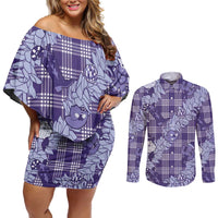 Purple Palaka Hawaii Cowboy Christmas Couples Matching Off Shoulder Short Dress and Long Sleeve Button Shirt Paniolo Mix Maile Lei LT7 Purple - Polynesian Pride