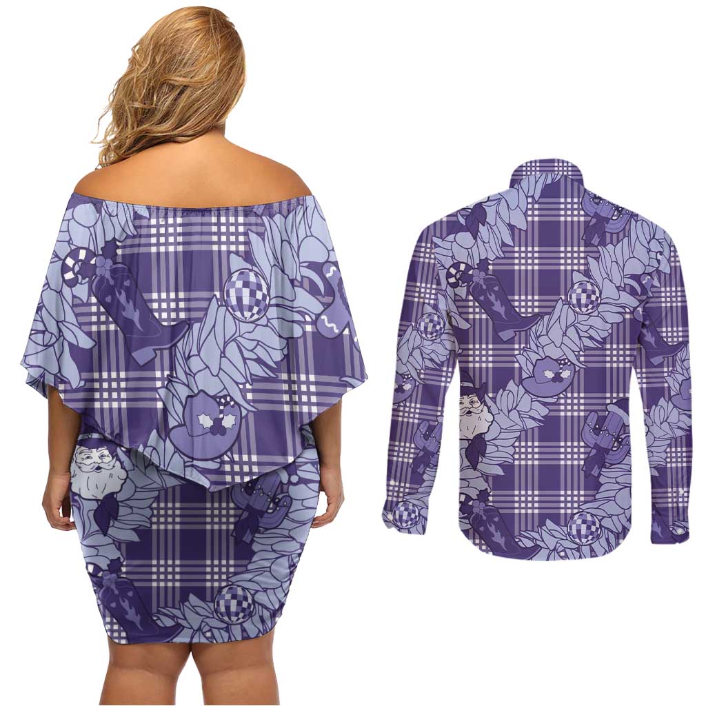 Purple Palaka Hawaii Cowboy Christmas Couples Matching Off Shoulder Short Dress and Long Sleeve Button Shirt Paniolo Mix Maile Lei LT7 - Polynesian Pride