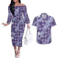 Purple Palaka Hawaii Cowboy Christmas Couples Matching Off The Shoulder Long Sleeve Dress and Hawaiian Shirt Paniolo Mix Maile Lei LT7 Purple - Polynesian Pride