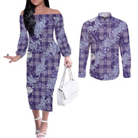 Purple Palaka Hawaii Cowboy Christmas Couples Matching Off The Shoulder Long Sleeve Dress and Long Sleeve Button Shirt Paniolo Mix Maile Lei LT7 Purple - Polynesian Pride