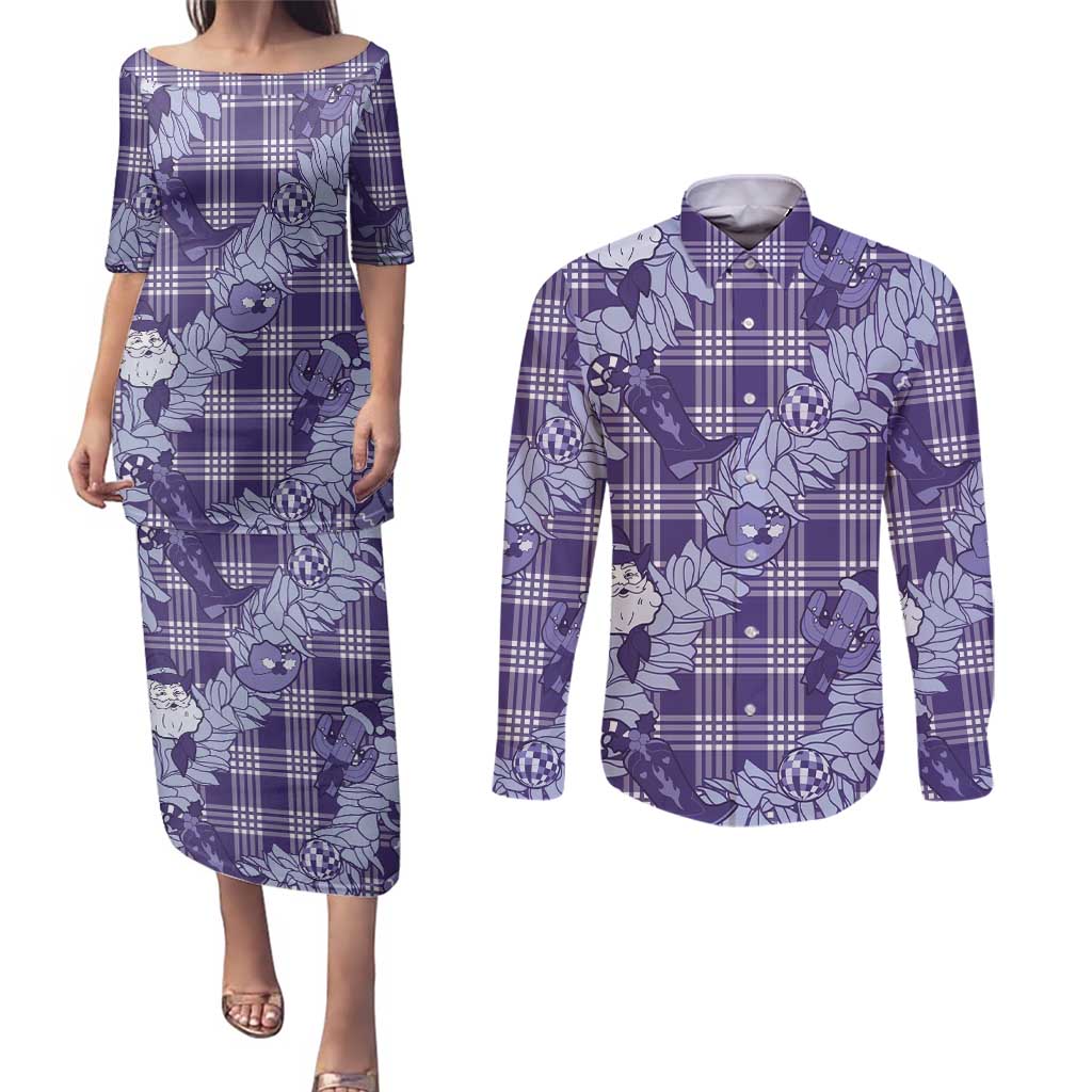 Purple Palaka Hawaii Cowboy Christmas Couples Matching Puletasi and Long Sleeve Button Shirt Paniolo Mix Maile Lei LT7 Purple - Polynesian Pride