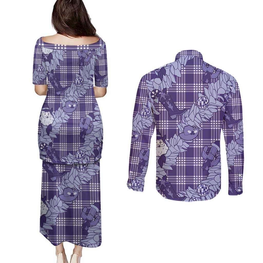 Purple Palaka Hawaii Cowboy Christmas Couples Matching Puletasi and Long Sleeve Button Shirt Paniolo Mix Maile Lei LT7 - Polynesian Pride